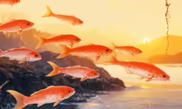 many fish swim on the water at sunset