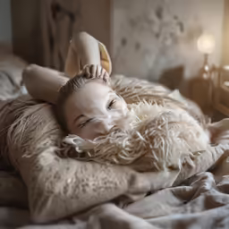 a woman laying on her side in bed