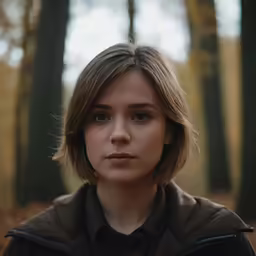 the young woman looks to her left with an eye on her