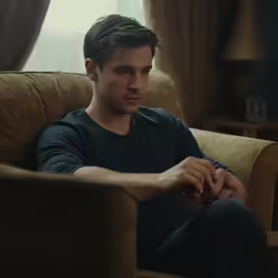 young man sitting on a couch looking over his shoulder