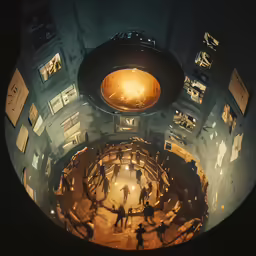 people on the stairs are using an interactive screen