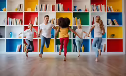 people dancing in the room with brightly colored shelves