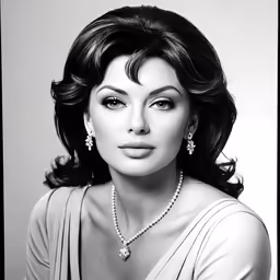 a woman with a pearl necklace posing for a black and white photograph