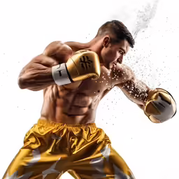 a man wearing boxing gloves while holding a gold ball