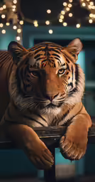a tiger on a stool with its eyes closed