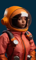 a woman in an orange space suit with a helmet on