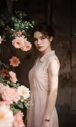 an attractive young woman standing beside large pink flowers