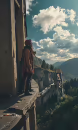a person standing on a ledge overlooking a city