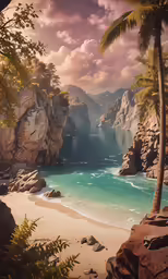 a beach scene with palm trees and mountains