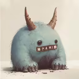 a blue monster with horns and a nameplate on its face