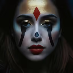 a woman with painted eyebrows and black makeup