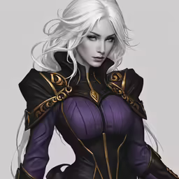 a white haired woman in purple holding an item