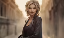 a woman standing in a street, wearing a black leather jacket