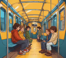 four people sit on the inside of an orange and blue subway car,a cartoon character looking at people in a subway car