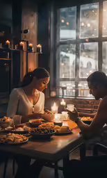 two people are seated at a table that has food and candles in it