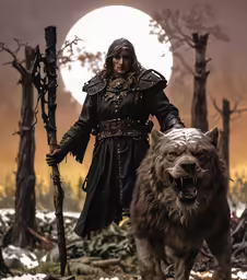 the witch in the wild is walking with her wolf