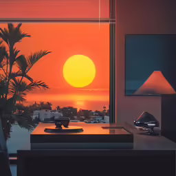an orange sunset that is seen through a window