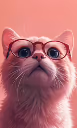 the white cat with the red glasses has a frown on his face