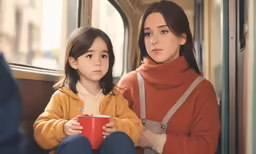 mother and daughter on train, sitting close together