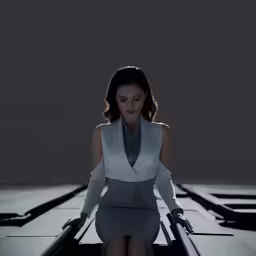 a woman is sitting down on an escalator