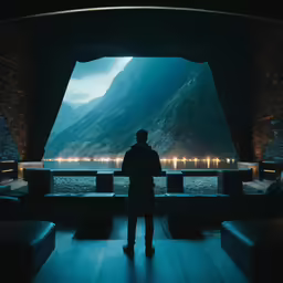 silhouette of a man standing in a dimly lit room overlooking mountains