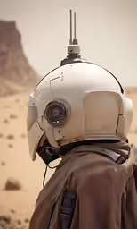 a man wearing a star wars helmet in the desert