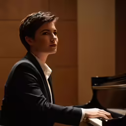 a woman sitting at a piano in a black suit