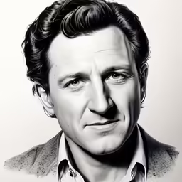 a portrait of a man, drawn on black and white paper, with his face slightly obscured