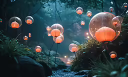 a beautiful stream in the woods with lanterns strung from it
