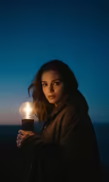 woman in coat holding light bulb at night