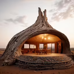 a room with chairs and wooden structure set up