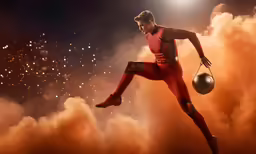 man in red sports suit kicking ball over cloudy clouds