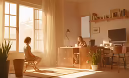 two people are seated near a desk with an open window