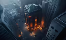 a tall building is shown from the top