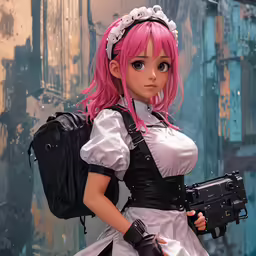 a doll with pink hair and white makeup holding a backpack