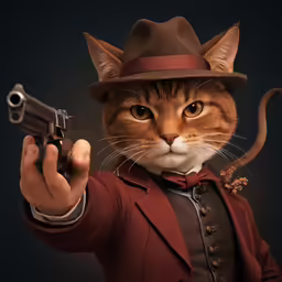 a cat in an old western costume points a gun