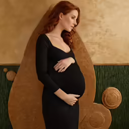 a pregnant woman leaning against a wall with a brown abstract backdrop