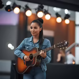 woman with ponytail playing guitar on stage