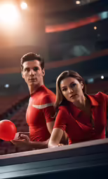 two people in red shirts holding frisbees in front of a stadium