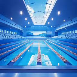 a large indoor swimming pool with empty lanes