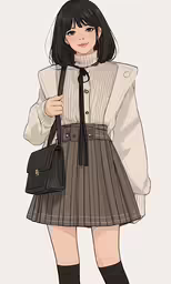 a drawing of a girl with long hair wearing a skirt and holding a bag
