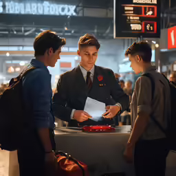 two men looking at something and another person holding a paper