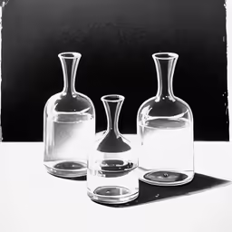 three clear decanted bottles sitting on a table