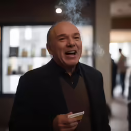 an older man with a cigar and black blazer smiling