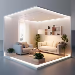 modern living room with couches, couches and potted trees