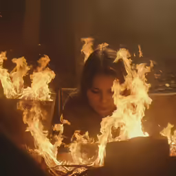 a woman sitting with a laptop on fire
