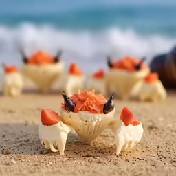 a bowl with food in it is set on the beach