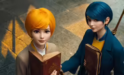 two women standing next to each other holding books
