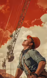 a painting of a young man wearing a cowboy hat looking upward to a giant crane behind him