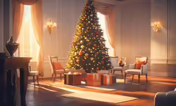 the interior of a large fancy living room decorated with christmas lights